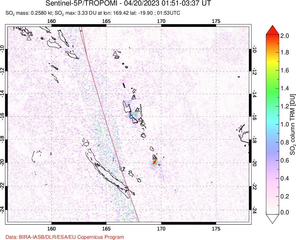 A sulfur dioxide image over Vanuatu, South Pacific on Apr 20, 2023.