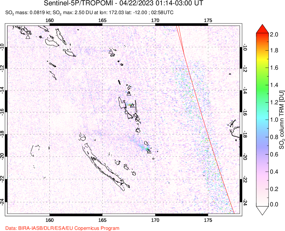 A sulfur dioxide image over Vanuatu, South Pacific on Apr 22, 2023.