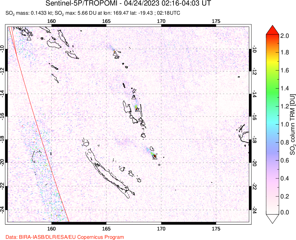A sulfur dioxide image over Vanuatu, South Pacific on Apr 24, 2023.