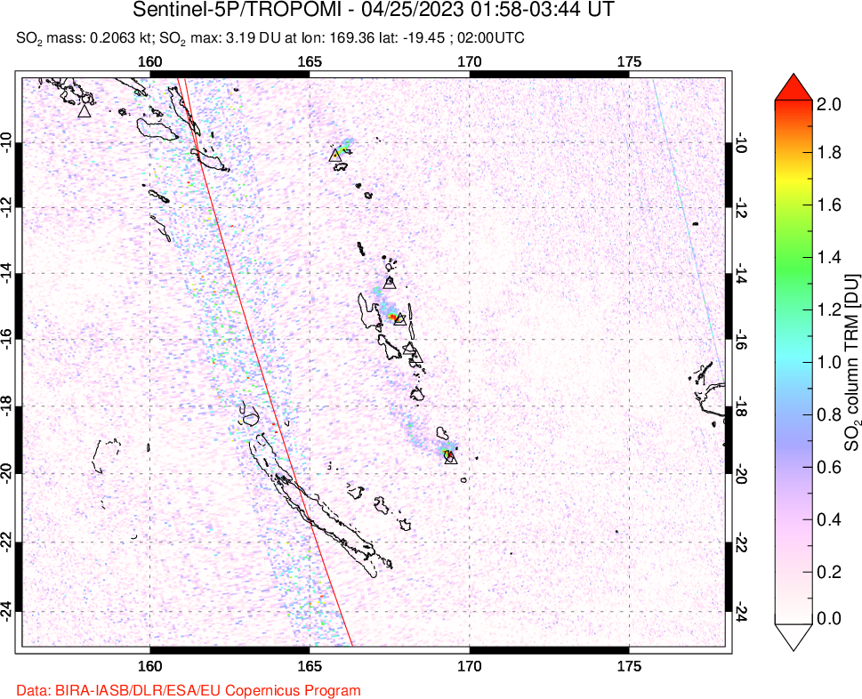 A sulfur dioxide image over Vanuatu, South Pacific on Apr 25, 2023.