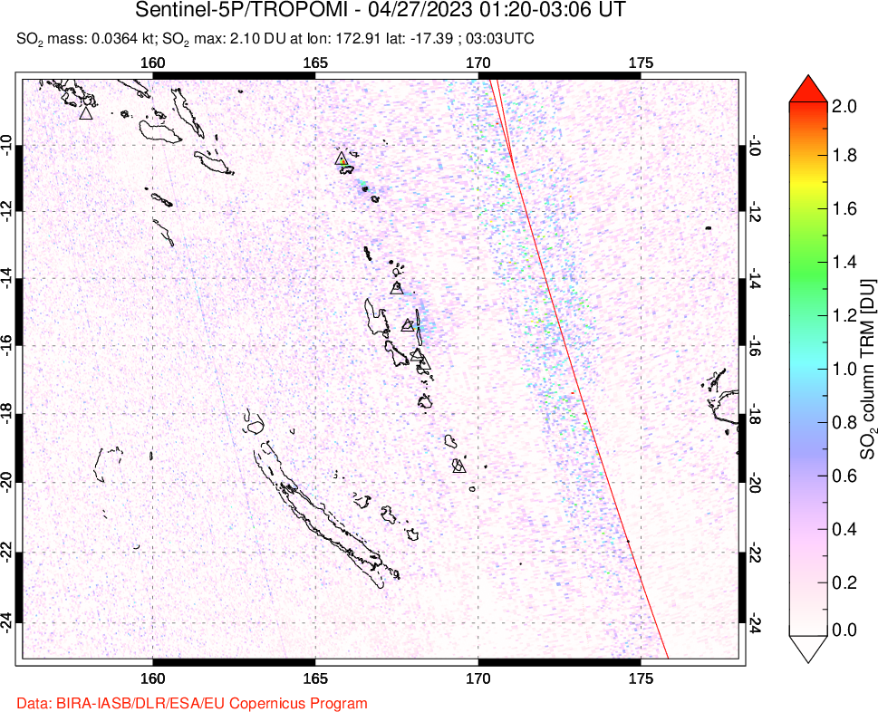 A sulfur dioxide image over Vanuatu, South Pacific on Apr 27, 2023.
