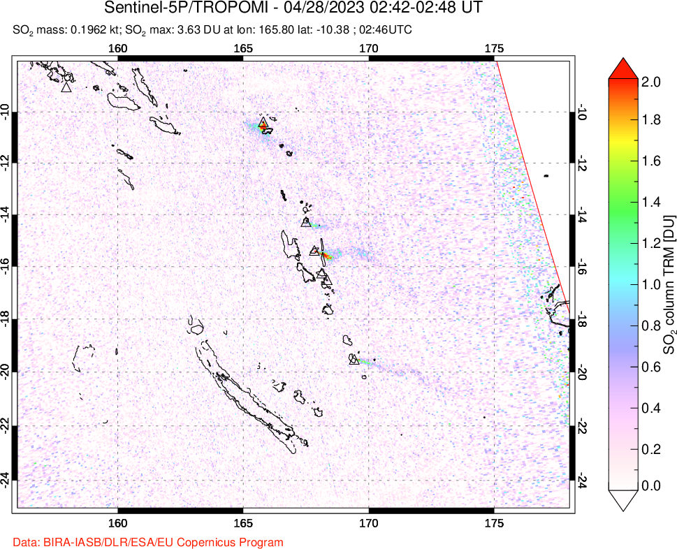A sulfur dioxide image over Vanuatu, South Pacific on Apr 28, 2023.