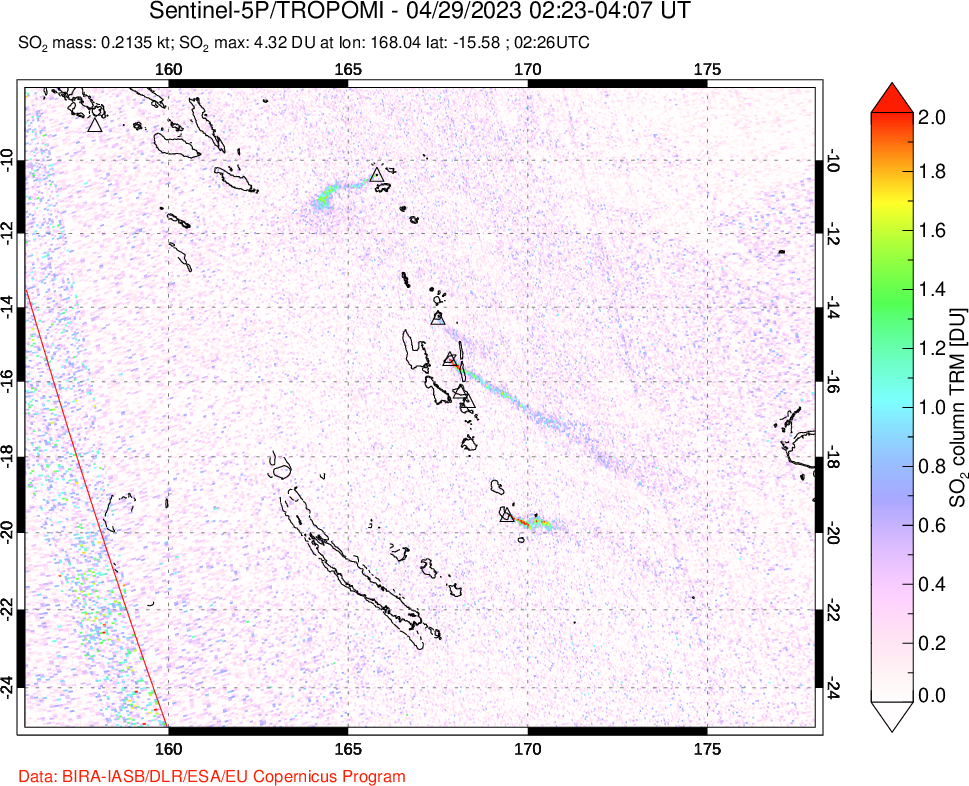 A sulfur dioxide image over Vanuatu, South Pacific on Apr 29, 2023.