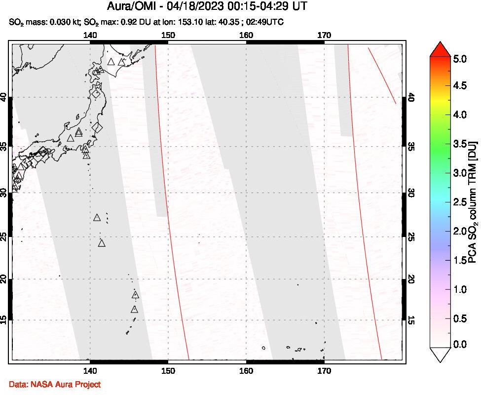 A sulfur dioxide image over Western Pacific on Apr 18, 2023.