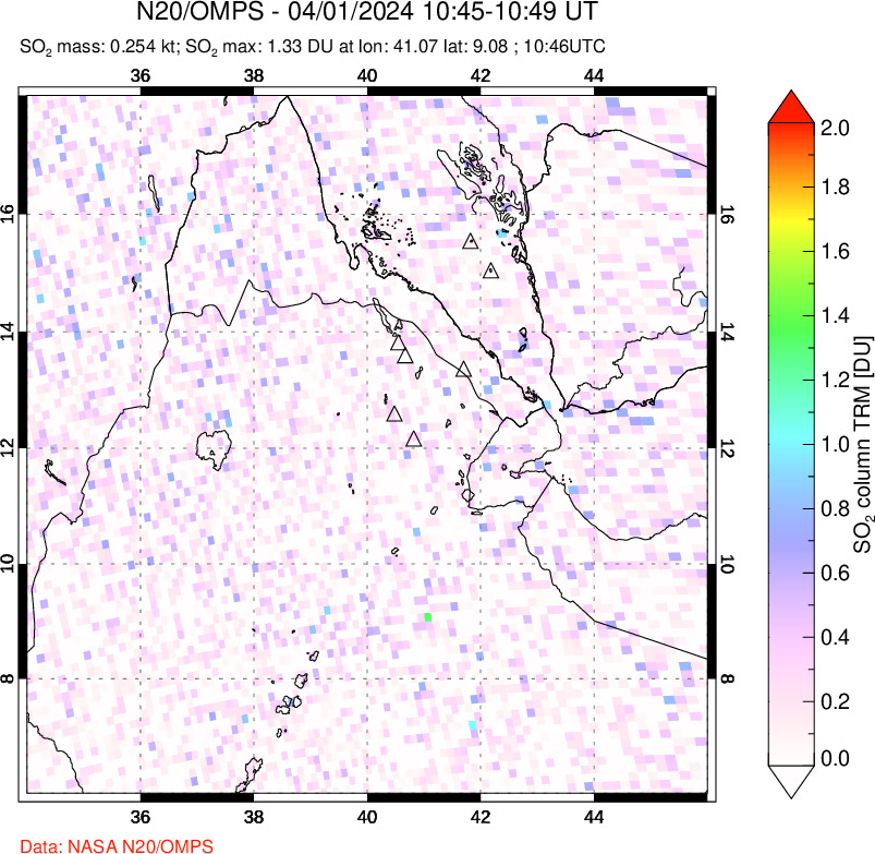 A sulfur dioxide image over Afar and southern Red Sea on Apr 01, 2024.