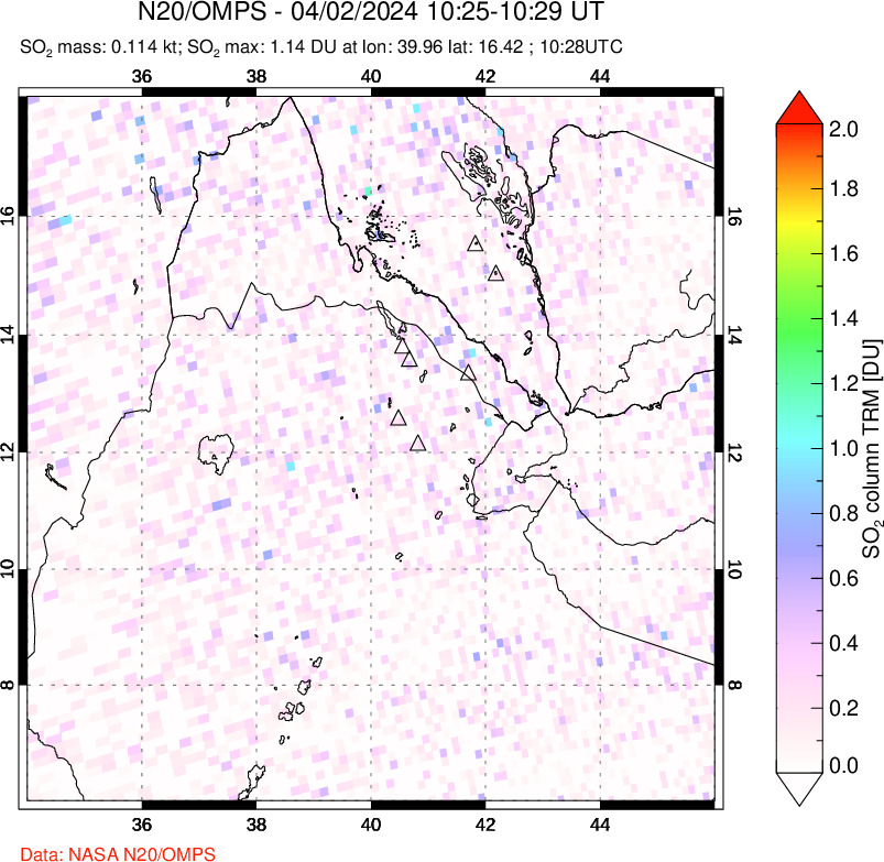 A sulfur dioxide image over Afar and southern Red Sea on Apr 02, 2024.