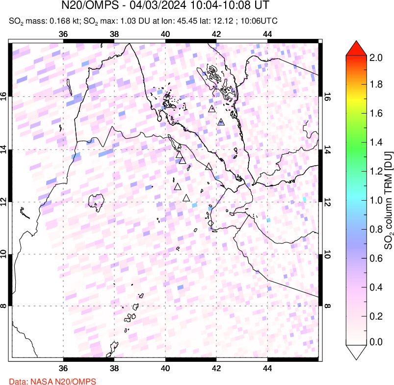 A sulfur dioxide image over Afar and southern Red Sea on Apr 03, 2024.