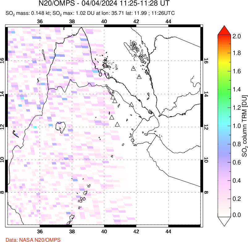 A sulfur dioxide image over Afar and southern Red Sea on Apr 04, 2024.