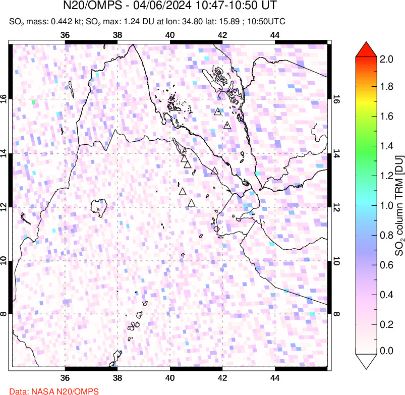 A sulfur dioxide image over Afar and southern Red Sea on Apr 06, 2024.