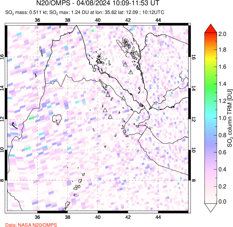 A sulfur dioxide image over Afar and southern Red Sea on Apr 08, 2024.