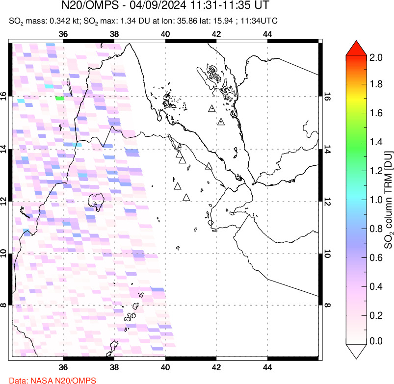 A sulfur dioxide image over Afar and southern Red Sea on Apr 09, 2024.