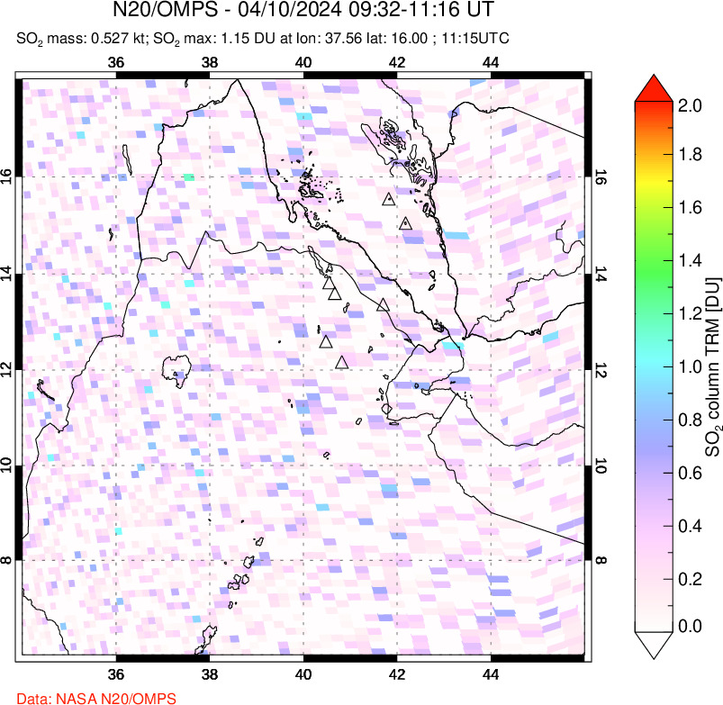 A sulfur dioxide image over Afar and southern Red Sea on Apr 10, 2024.