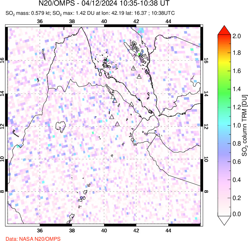 A sulfur dioxide image over Afar and southern Red Sea on Apr 12, 2024.