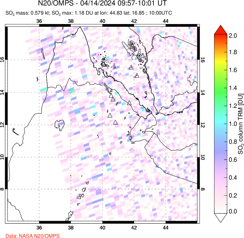 A sulfur dioxide image over Afar and southern Red Sea on Apr 14, 2024.