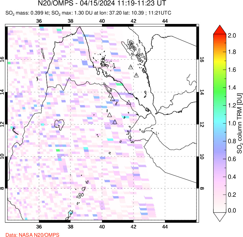 A sulfur dioxide image over Afar and southern Red Sea on Apr 15, 2024.