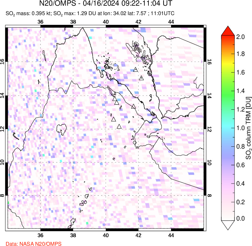 A sulfur dioxide image over Afar and southern Red Sea on Apr 16, 2024.