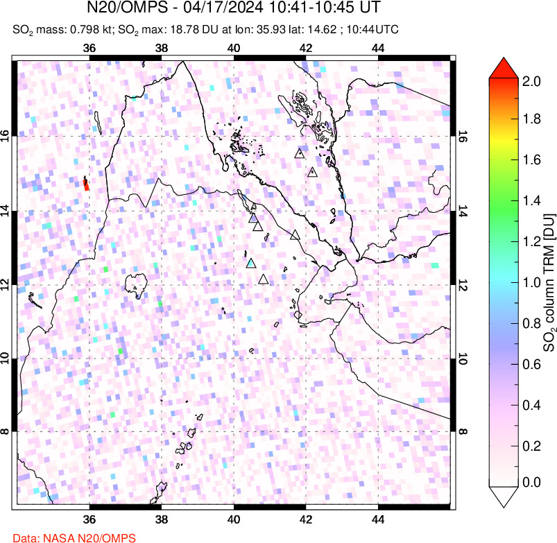 A sulfur dioxide image over Afar and southern Red Sea on Apr 17, 2024.