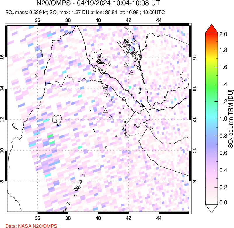 A sulfur dioxide image over Afar and southern Red Sea on Apr 19, 2024.