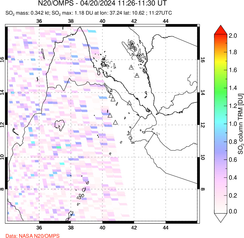 A sulfur dioxide image over Afar and southern Red Sea on Apr 20, 2024.