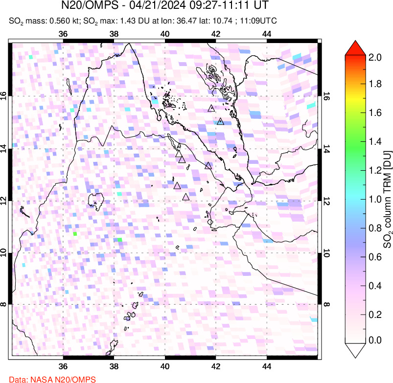 A sulfur dioxide image over Afar and southern Red Sea on Apr 21, 2024.