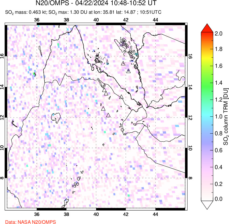 A sulfur dioxide image over Afar and southern Red Sea on Apr 22, 2024.