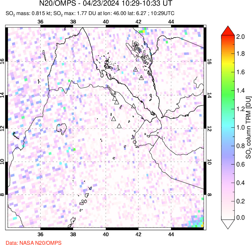 A sulfur dioxide image over Afar and southern Red Sea on Apr 23, 2024.