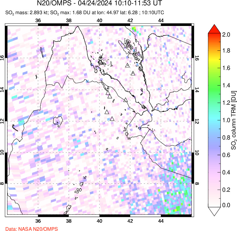 A sulfur dioxide image over Afar and southern Red Sea on Apr 24, 2024.