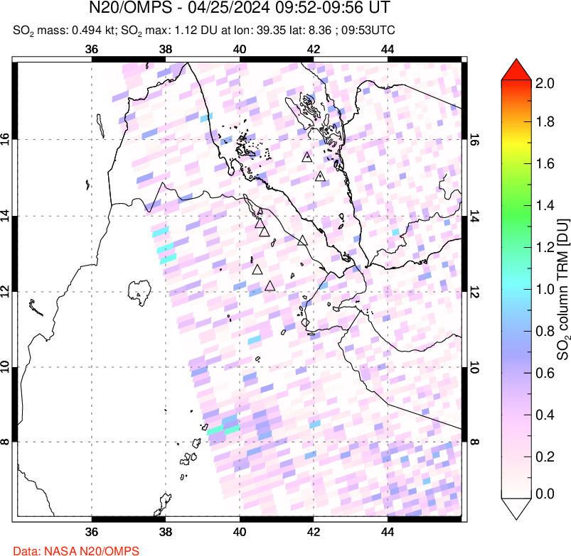 A sulfur dioxide image over Afar and southern Red Sea on Apr 25, 2024.