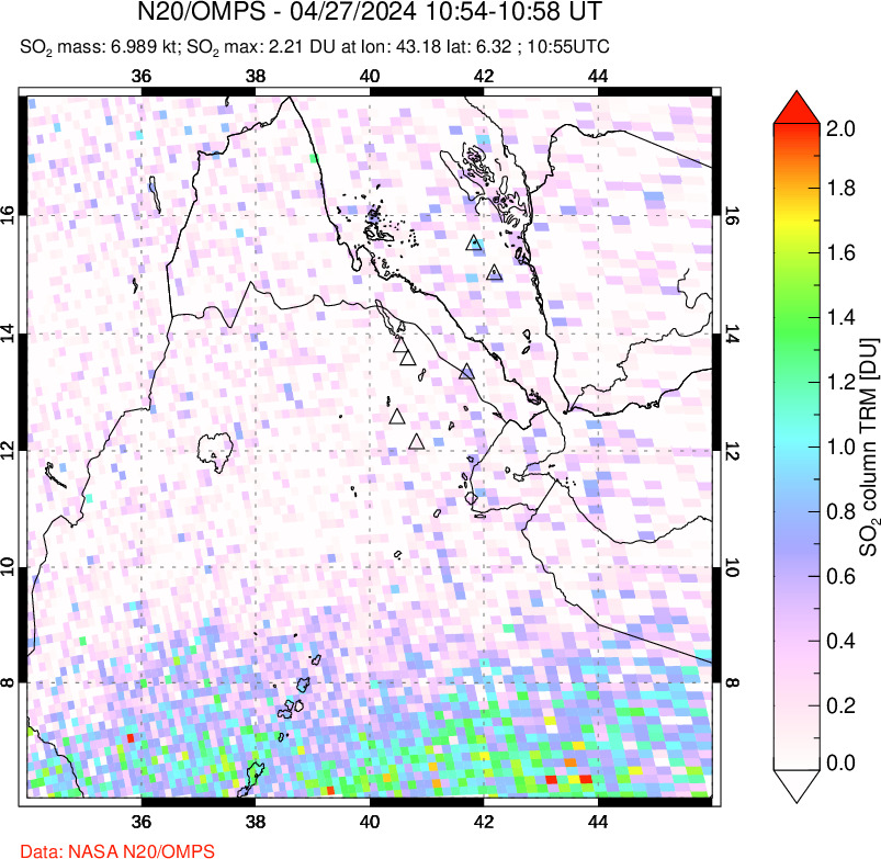 A sulfur dioxide image over Afar and southern Red Sea on Apr 27, 2024.