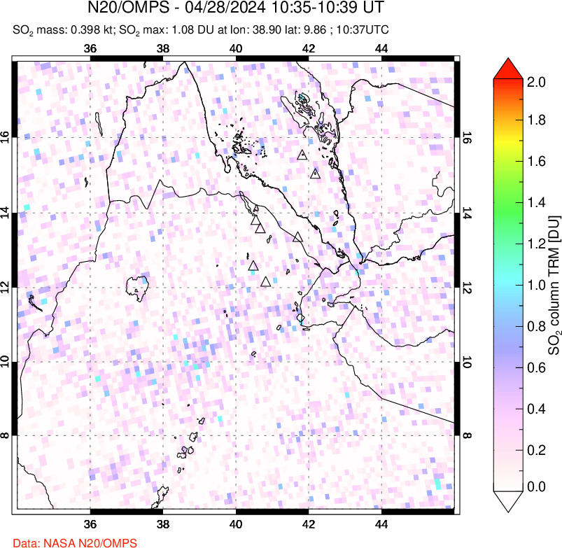 A sulfur dioxide image over Afar and southern Red Sea on Apr 28, 2024.