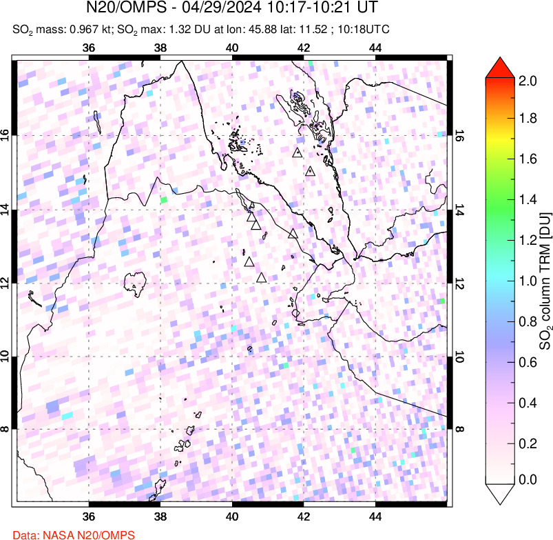 A sulfur dioxide image over Afar and southern Red Sea on Apr 29, 2024.