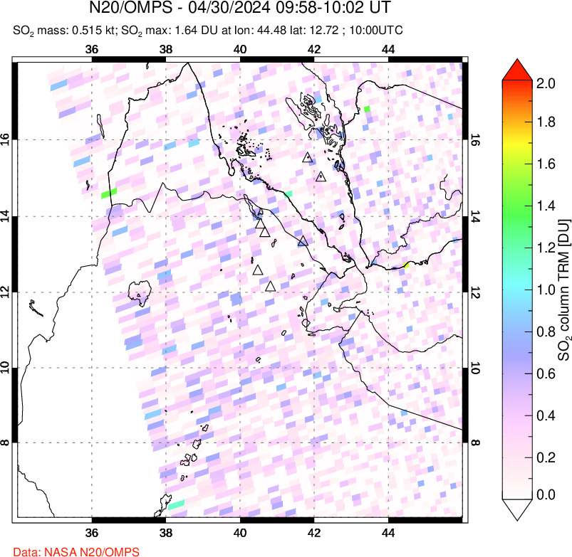 A sulfur dioxide image over Afar and southern Red Sea on Apr 30, 2024.