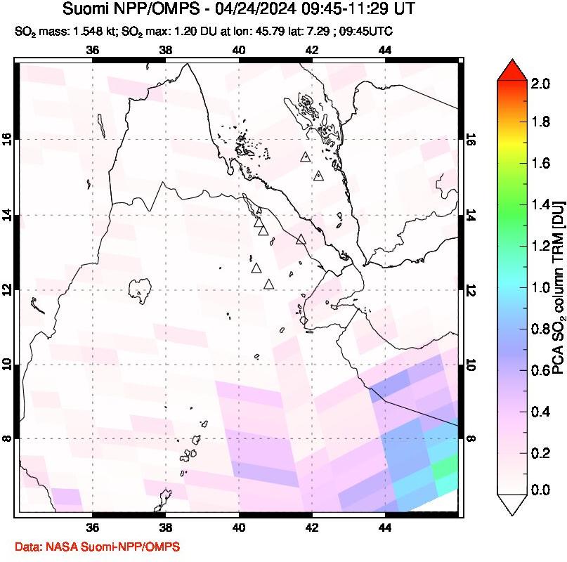 A sulfur dioxide image over Afar and southern Red Sea on Apr 24, 2024.