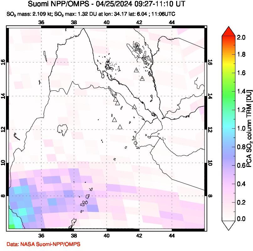 A sulfur dioxide image over Afar and southern Red Sea on Apr 25, 2024.