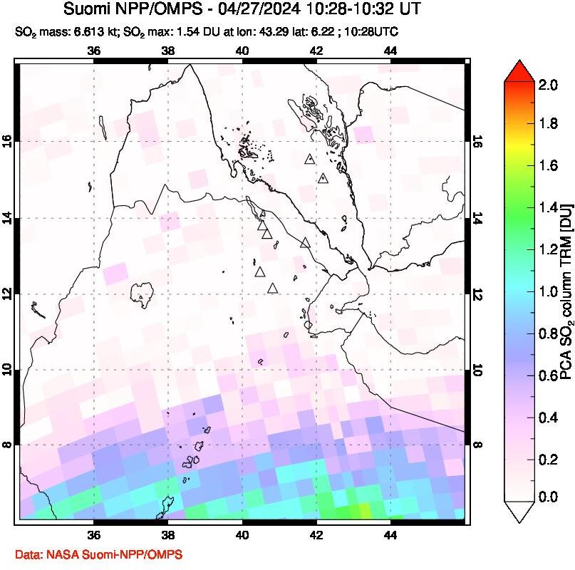 A sulfur dioxide image over Afar and southern Red Sea on Apr 27, 2024.