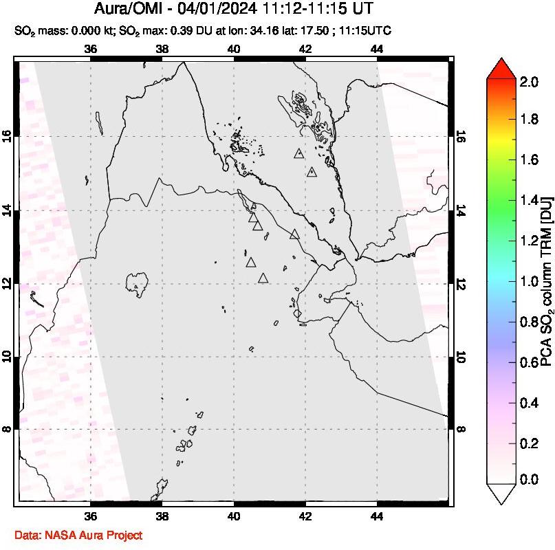 A sulfur dioxide image over Afar and southern Red Sea on Apr 01, 2024.