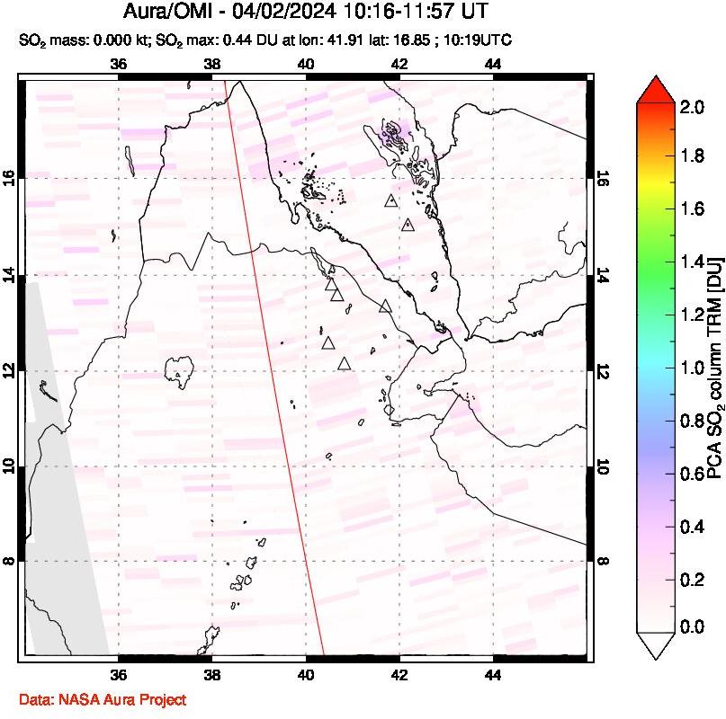 A sulfur dioxide image over Afar and southern Red Sea on Apr 02, 2024.