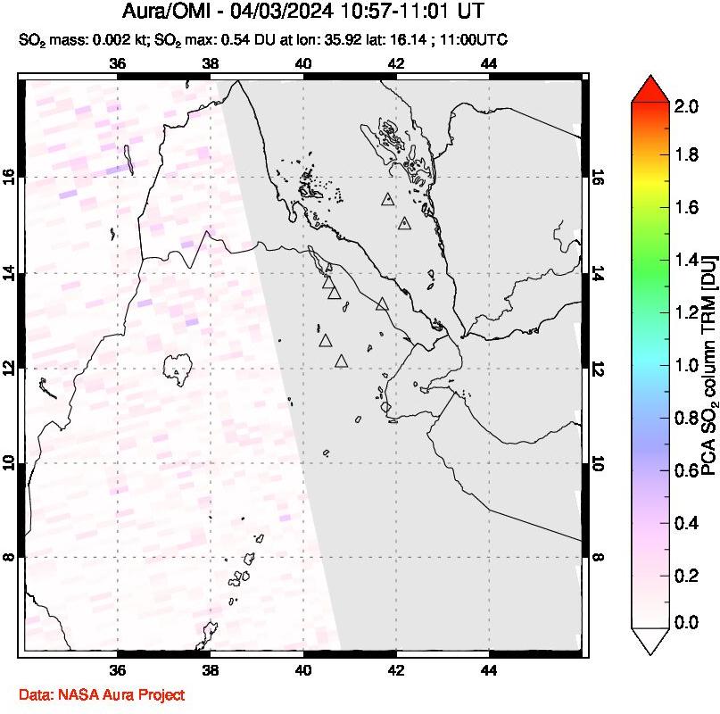 A sulfur dioxide image over Afar and southern Red Sea on Apr 03, 2024.