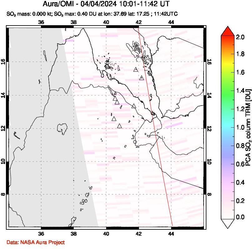 A sulfur dioxide image over Afar and southern Red Sea on Apr 04, 2024.