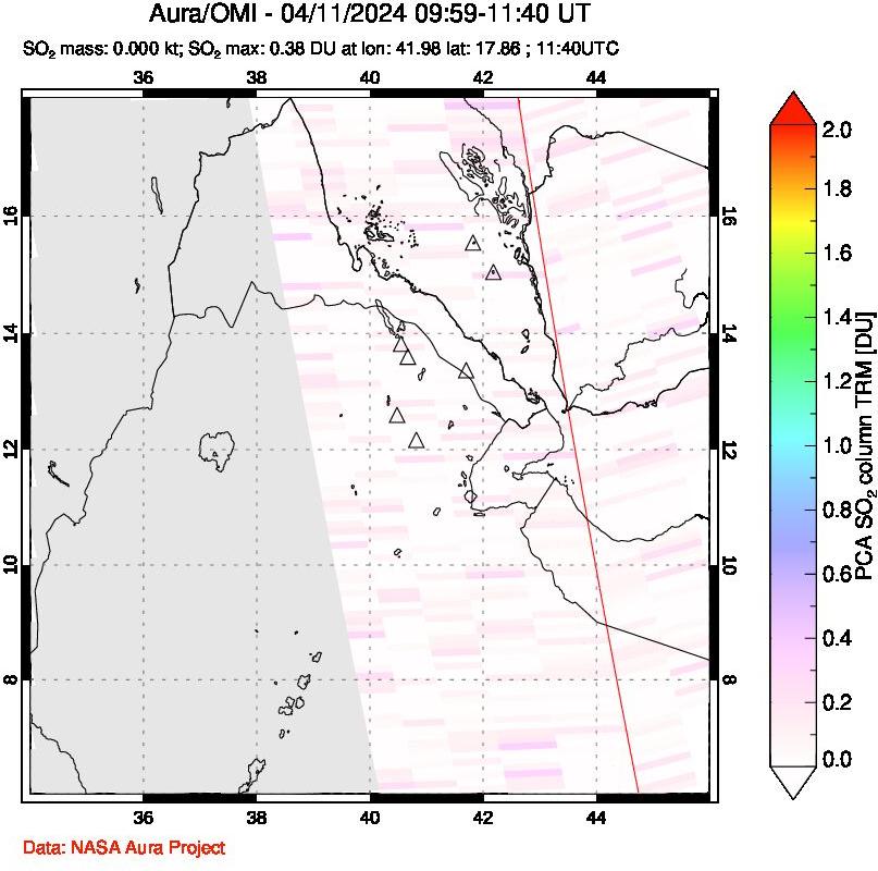 A sulfur dioxide image over Afar and southern Red Sea on Apr 11, 2024.