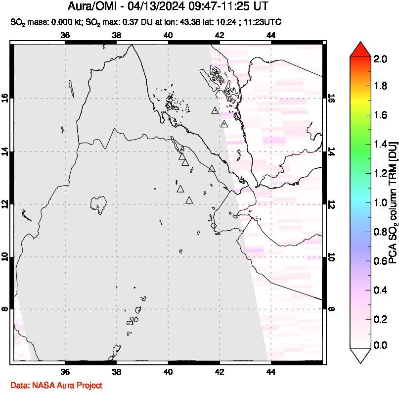 A sulfur dioxide image over Afar and southern Red Sea on Apr 13, 2024.