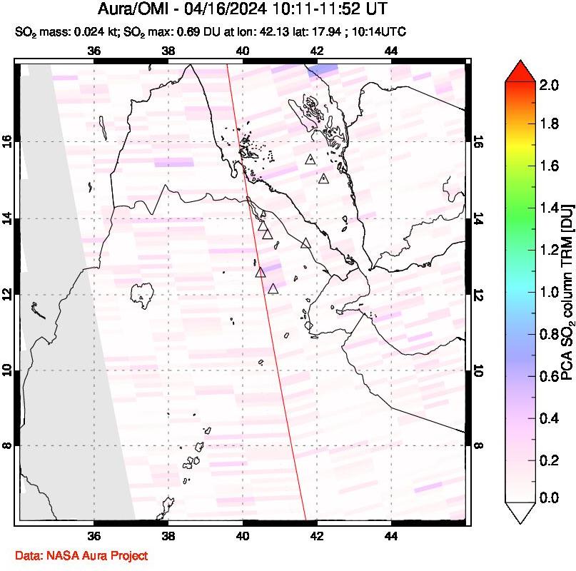 A sulfur dioxide image over Afar and southern Red Sea on Apr 16, 2024.