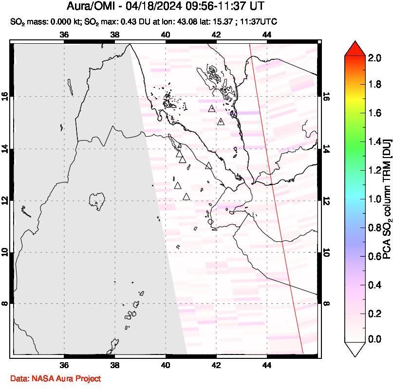 A sulfur dioxide image over Afar and southern Red Sea on Apr 18, 2024.