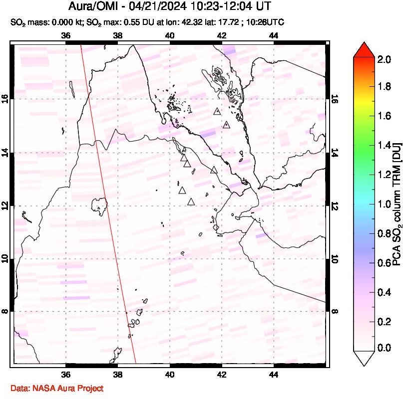 A sulfur dioxide image over Afar and southern Red Sea on Apr 21, 2024.