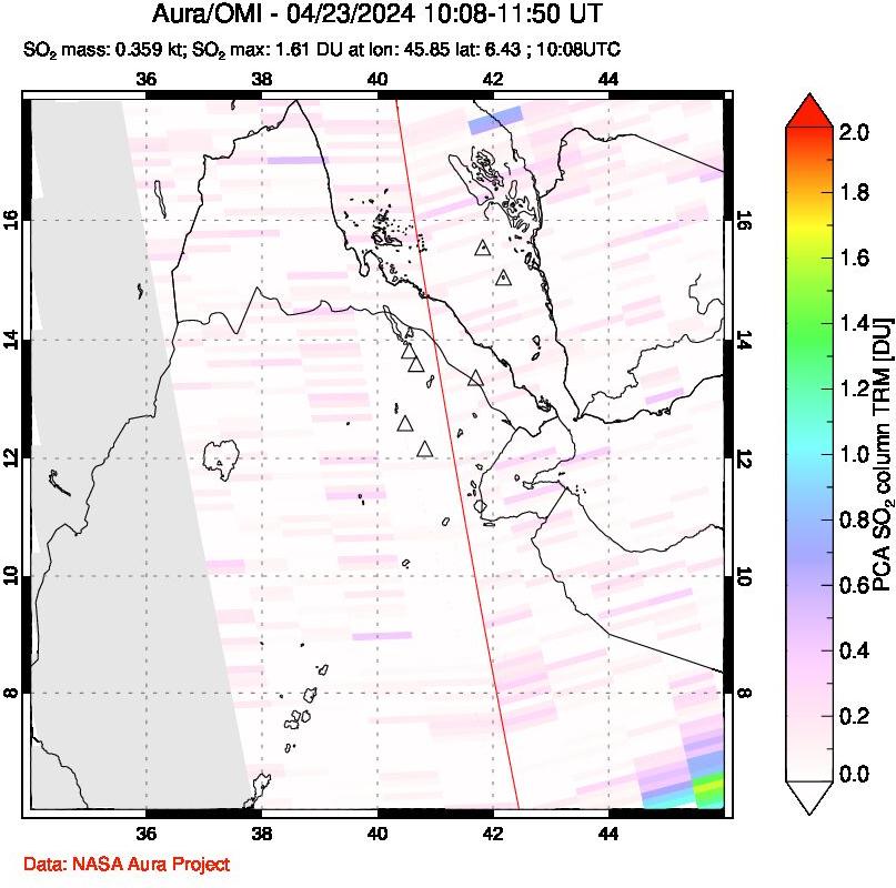 A sulfur dioxide image over Afar and southern Red Sea on Apr 23, 2024.