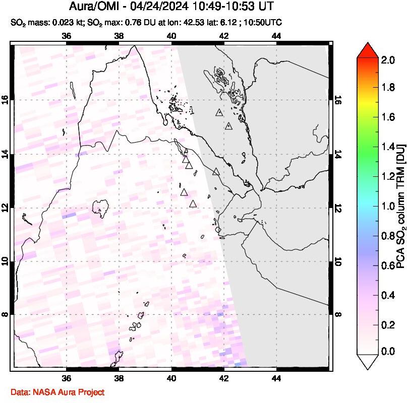 A sulfur dioxide image over Afar and southern Red Sea on Apr 24, 2024.