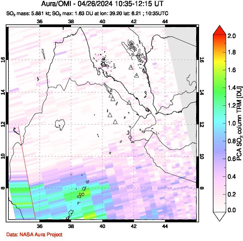 A sulfur dioxide image over Afar and southern Red Sea on Apr 26, 2024.