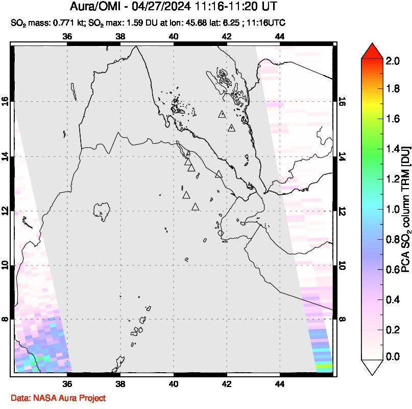 A sulfur dioxide image over Afar and southern Red Sea on Apr 27, 2024.