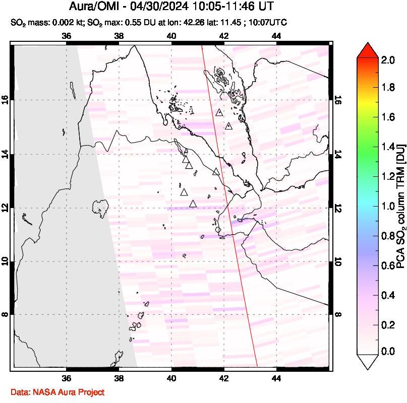 A sulfur dioxide image over Afar and southern Red Sea on Apr 30, 2024.