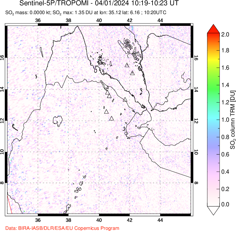 A sulfur dioxide image over Afar and southern Red Sea on Apr 01, 2024.